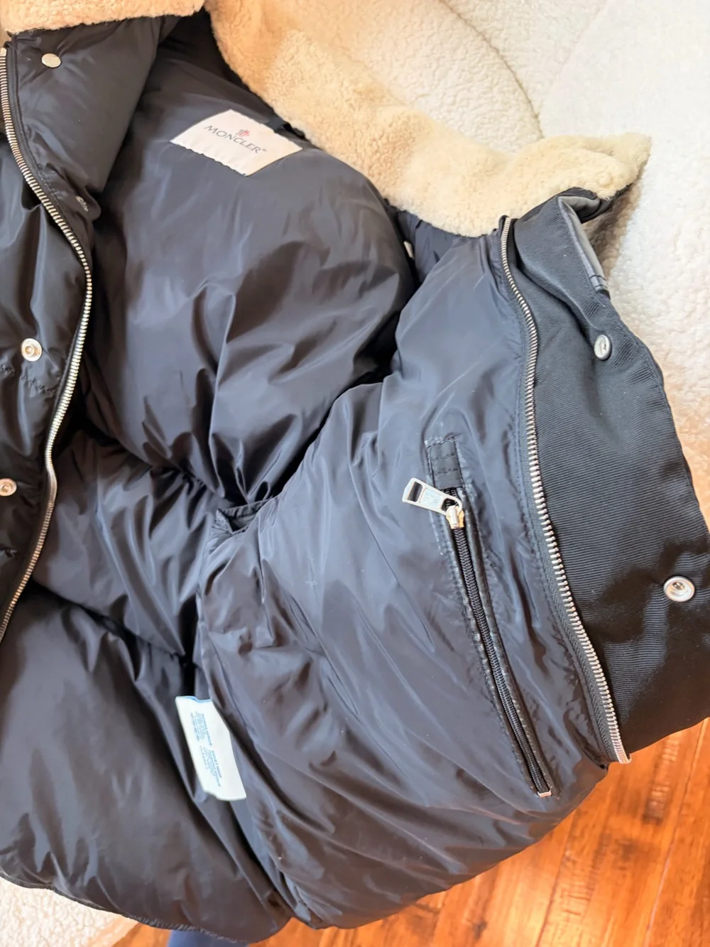 Moncler Black Quilted Puffer Vest with Cream Shearling Collar